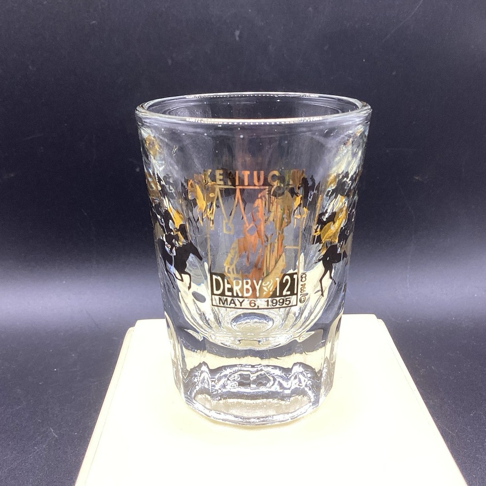 Vtg 1995 Kentucky Derby Shot Glass Horses Gold & Black 1.5 oz Run For Roses
